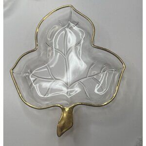 Vtg. Leaf Glass Candy Dish Gold Rimmed Trinket Jewelry Candy Nuts 8”